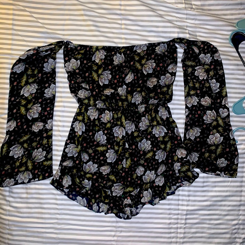 Black floral over the shoulder romper size small